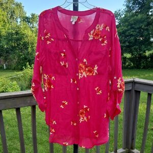 Fig and Flower Embroidered Button Down Top 2X Boho Sheer Pink Floral Blouse